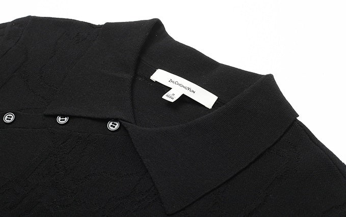 ZHUCHONGYUN black short-sleeved diagonal placket knitted top-MIHAWK.