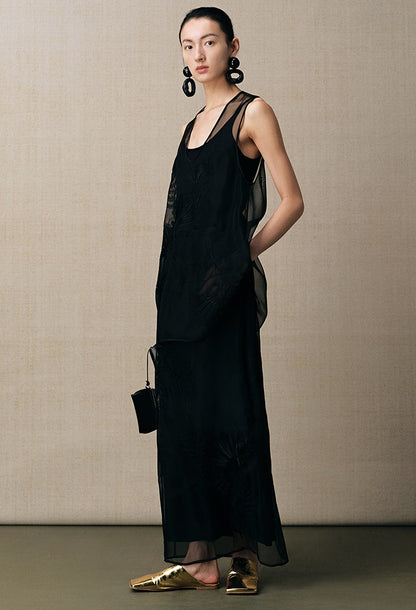 ZHUCHONGYUN U-neckline organza mesh black top-YOYO.