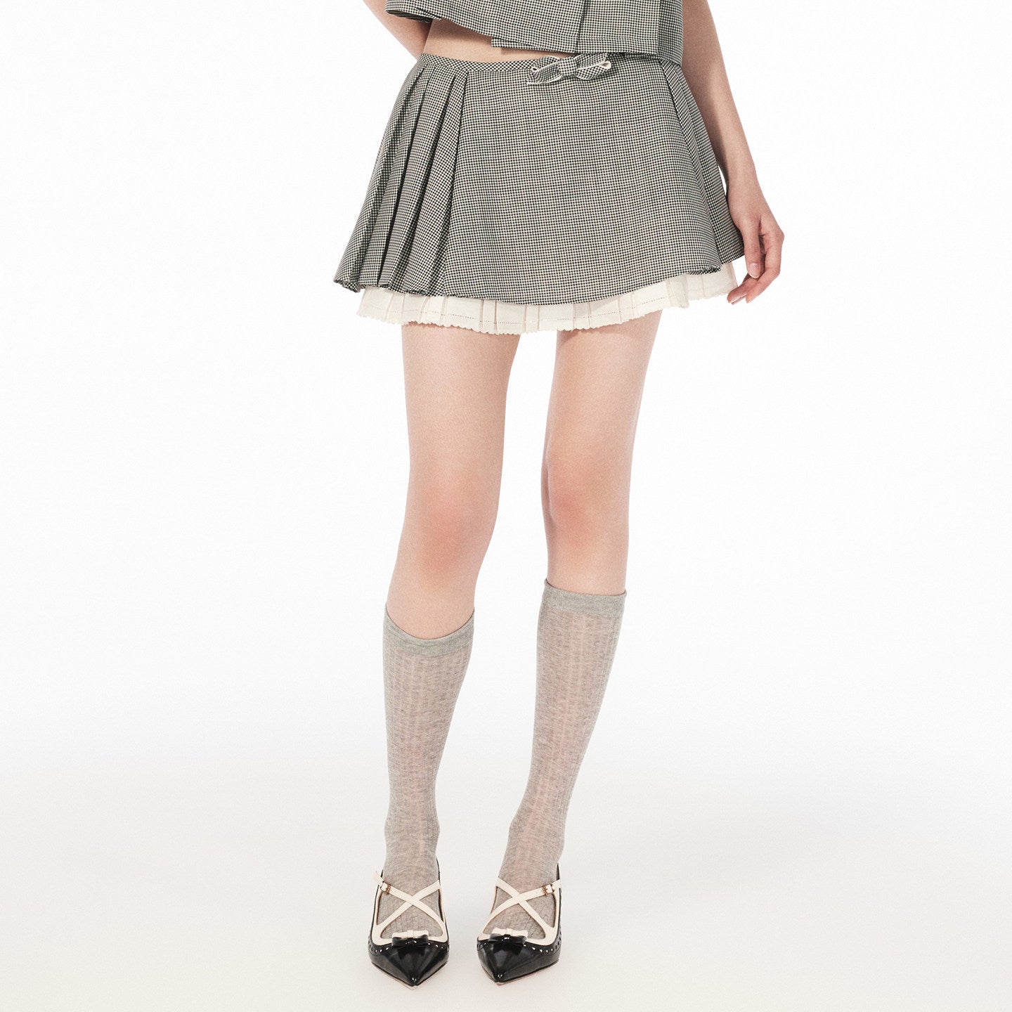 FAME bow houndstooth skirt A-line pleated short skirt - ABIGAIL