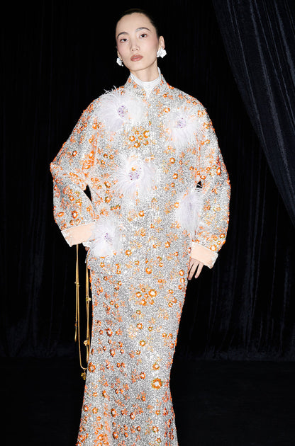 M essential Mackay designer vermilion embroidered fabric iris ostrich feather beaded jacket  FEA.