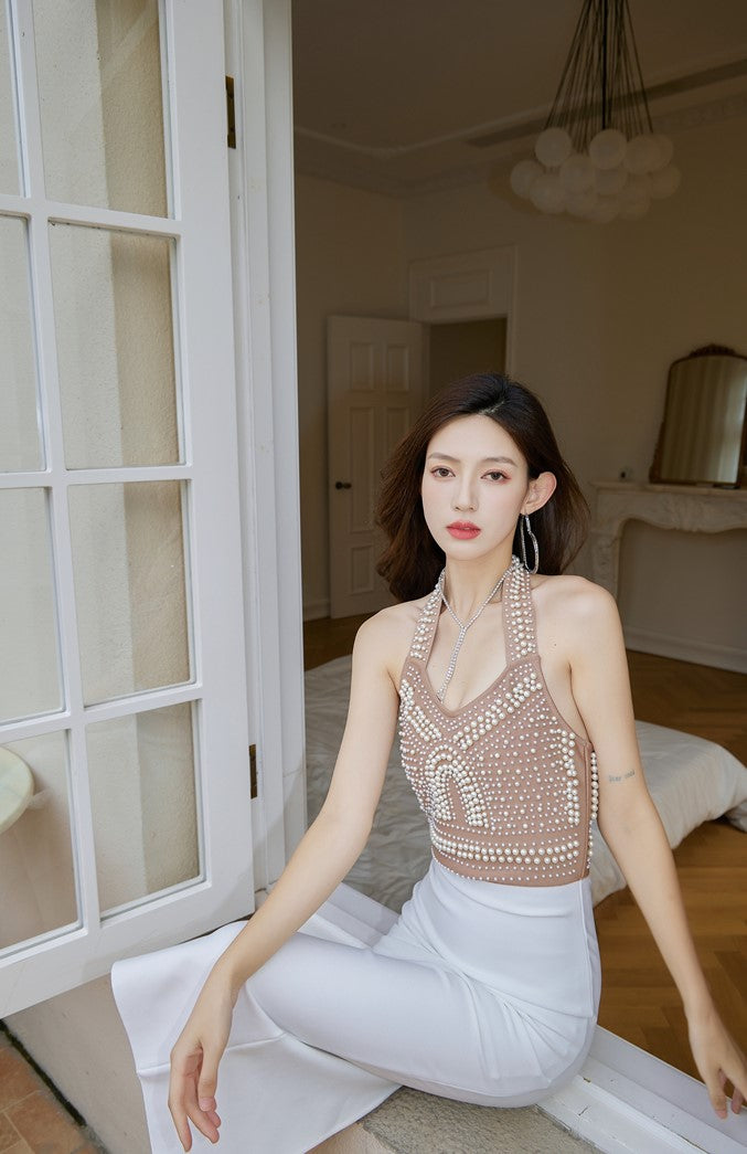 DOLLY High End V-Neck Sleeveless Halter Neck Pearl Body Hug Long Party Dress-CHARMAINE