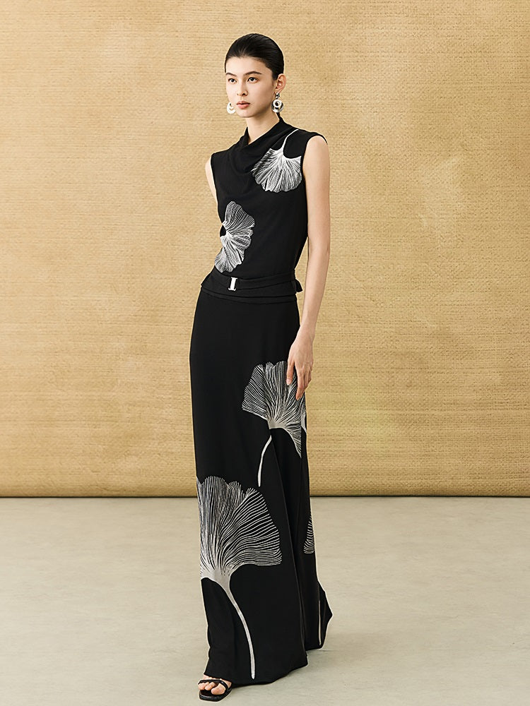 HECO Chinese Draped Summer Heavy Industry Ginkgo Biloba Print Slim Skirt - COLS.