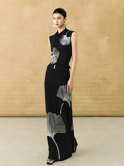 HECO Chinese Draped Summer Heavy Industry Ginkgo Biloba Print Slim Skirt - COLS.