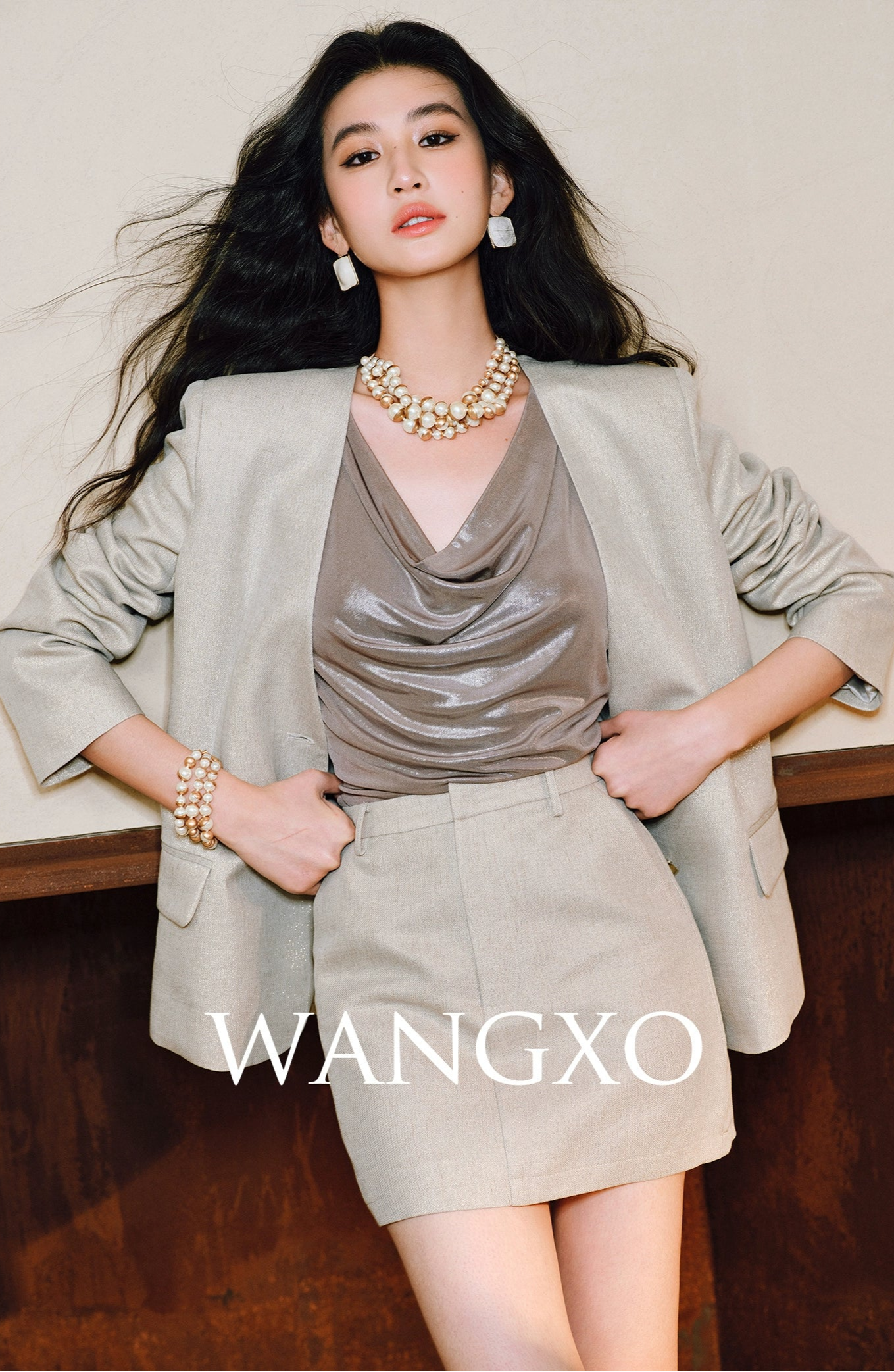 WANGXO Luxurious Metallic Luster Silk with Vertical Cut Swing Collar Top  - ZAYNA