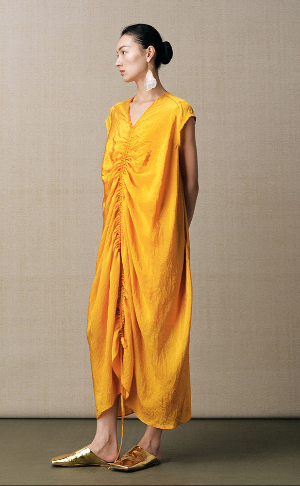 ZHUCHONGYUN yellow cocoon loose shirred V-neck dress-FAND.