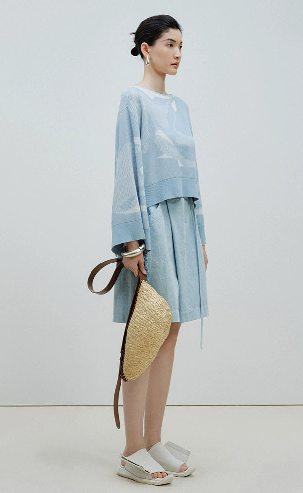 ZHUCHONGYUN blue raw edge loose denim belted shorts - KURT.