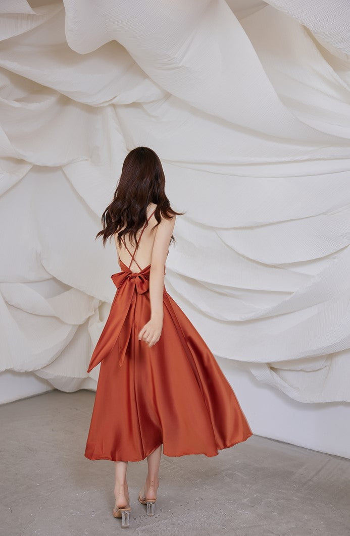 DOLLY Elegant French Style Satin V-Neck Sleeveless Backless Banquet Dress-XENA