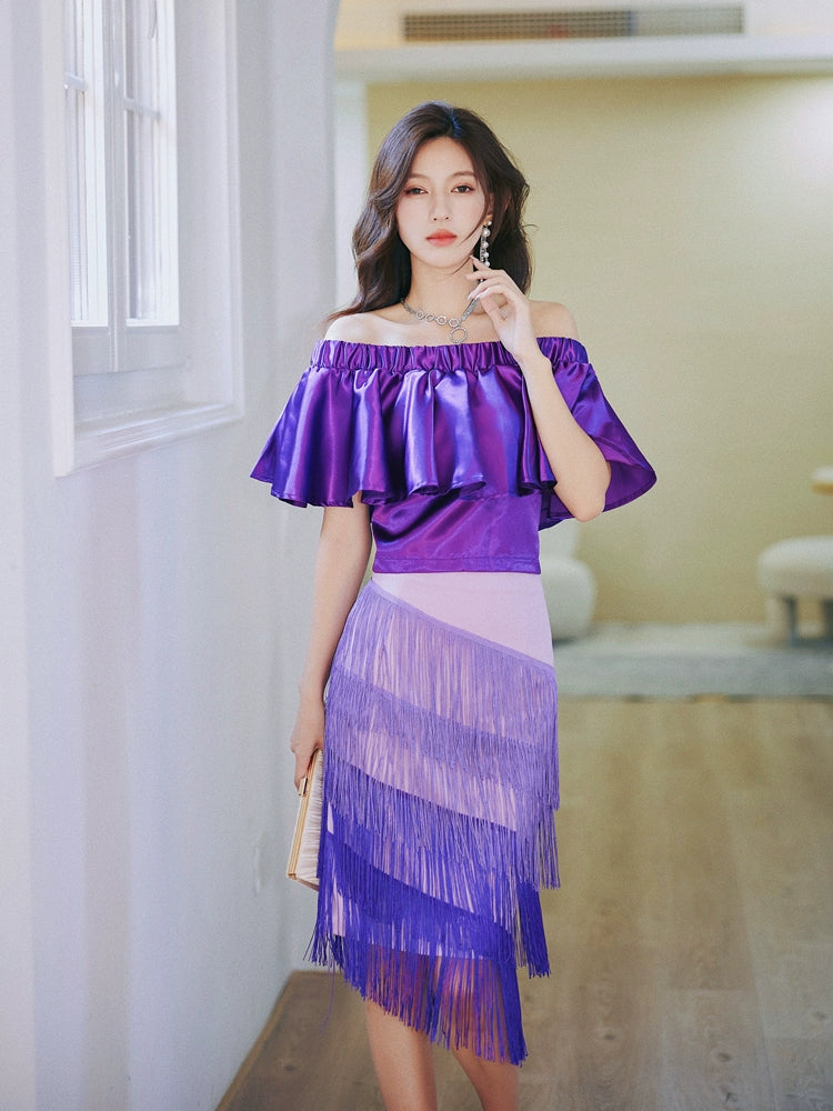 DOLLY Elegant Purple Satin Ruffle Of Shoulder Top+ Gradient Tassel Skirt-ZAYN