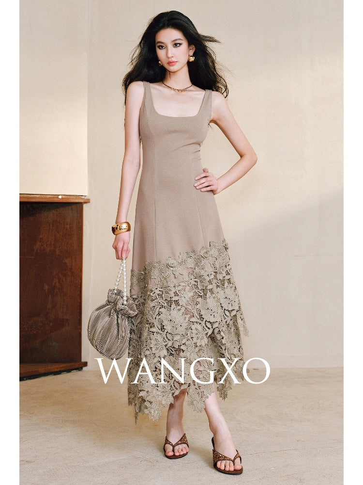 WANGXO High Stretch Knitted Stitching Neckline Slim Fit Three-Dimensional Split Sleeveless Dress - ELISE