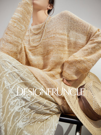 DGU|Orange and yellow sweater women's new soft waxy crew neck loose lazy design knitted top - BASE.