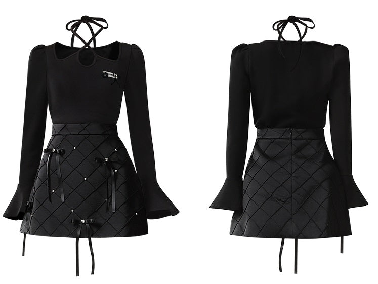 CHECOCRE Elegant Women's Design Sense Bow Satin Rhombi Two Piece Set - DESIRE