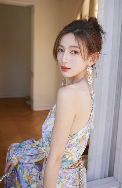 DOLLY Luxury French Style Floral One Sleeve Off Shoulder Waist Baring Slit Resort Dress-LYRA