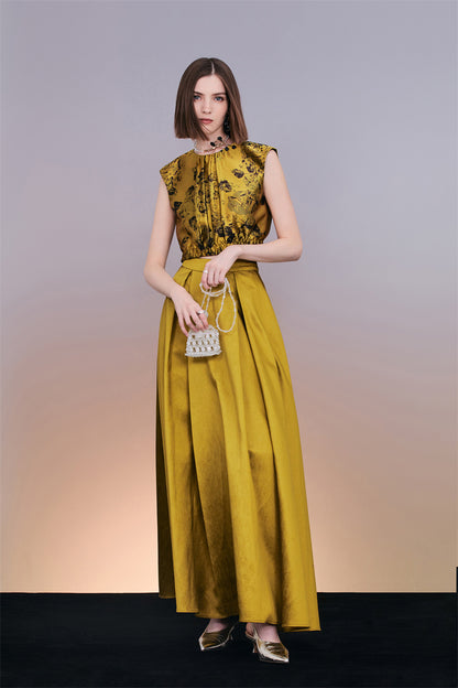 PURITY  Elegant Luxury Vintage gold jacquard sleeveless top and maxi skirt set- Proudy