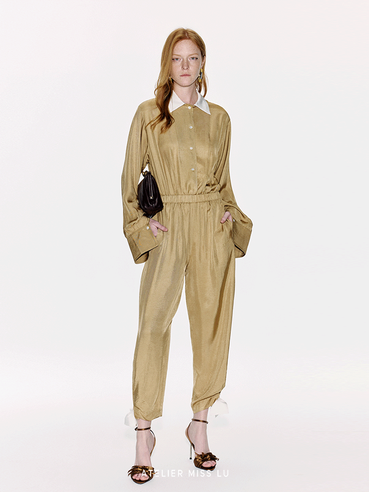 ATELIER MISS LU Ribbon Waist Acetate Jumpsuit - BLAKE