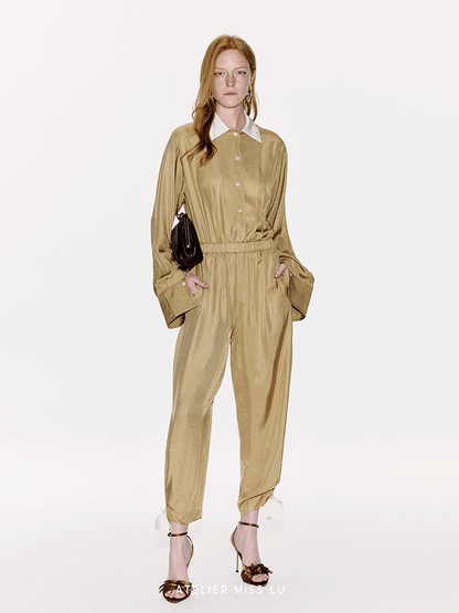 ATELIER MISS LU Ribbon Waist Acetate Jumpsuit - BLAKE