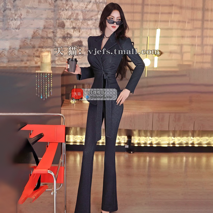 VJE Cut Jacket Slacks Two-Piece Set  Denim Suit -MILO.