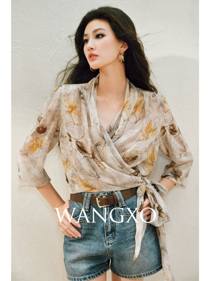 WANGXO | Silky Drape Smooth Georgette Vine-Inspired Geometric Print Entwined Twisted Shirt  -LYRA