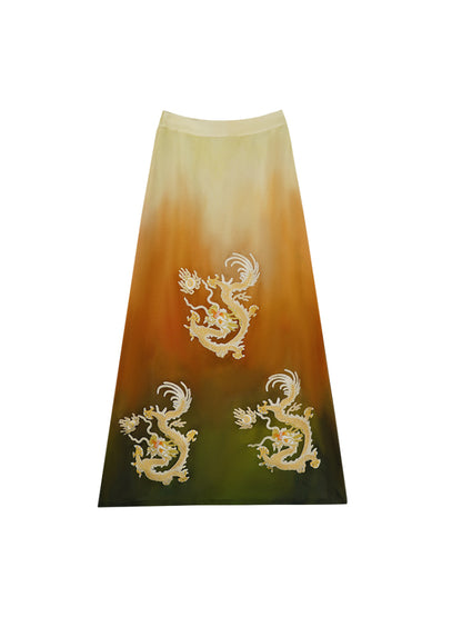 HECO Chinese blended gradient golden dragon embroidered straight skirt - RELY.