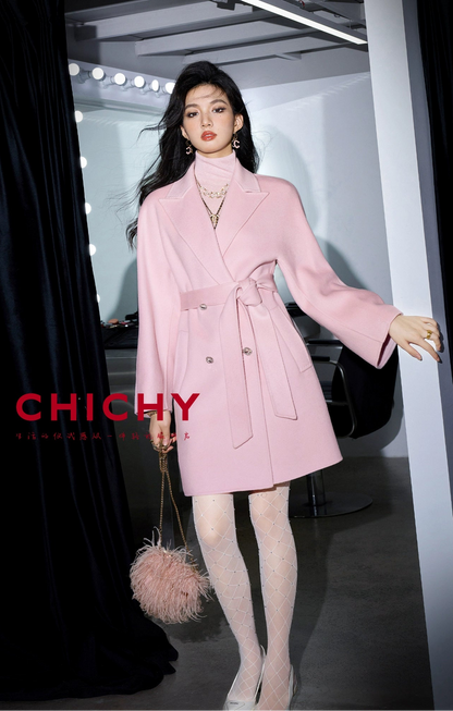 CHICHY Cashmere Classic Pink Reversible Woolen Lace-up Midi Length Coat-GINRO