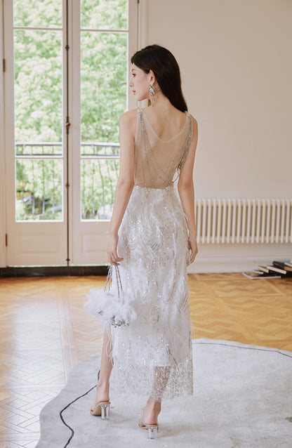 DOLLY Luxury White French Style Sleeveless Sequin Embroidered Long Slit Party Dress-Dalia