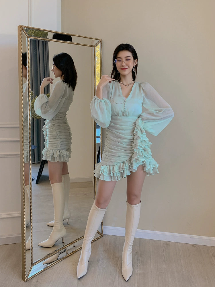 D0LLY Luxury French Style V-Neck Long Puff Sleeve Chiffon Pleated Ruffle Dress-VERA