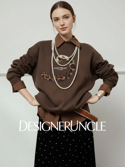 DGU×LAB "Skyland" brown fleece crew neck loose lazy style printed sweatshirt - MAI