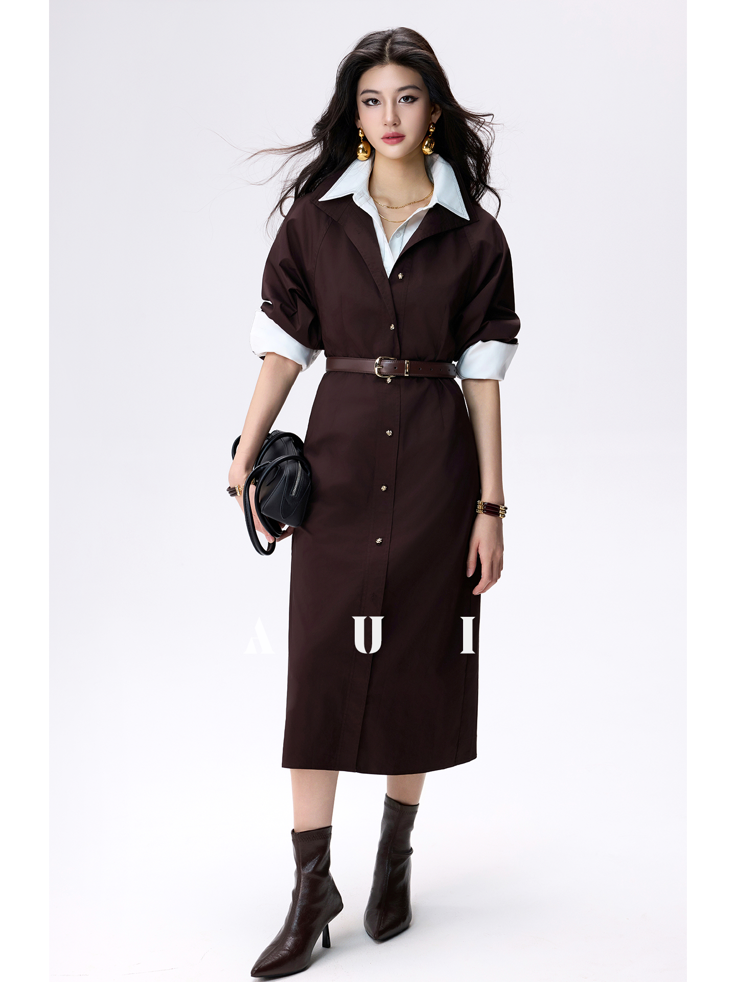 AUI Mocha Mousse Polo Collar Cinched Waist Long Sleeve Straight dress - Ji-Yoo