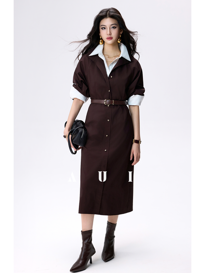 AUI Mocha Mousse Polo Collar Cinched Waist Long Sleeve Straight dress - Ji-Yoo