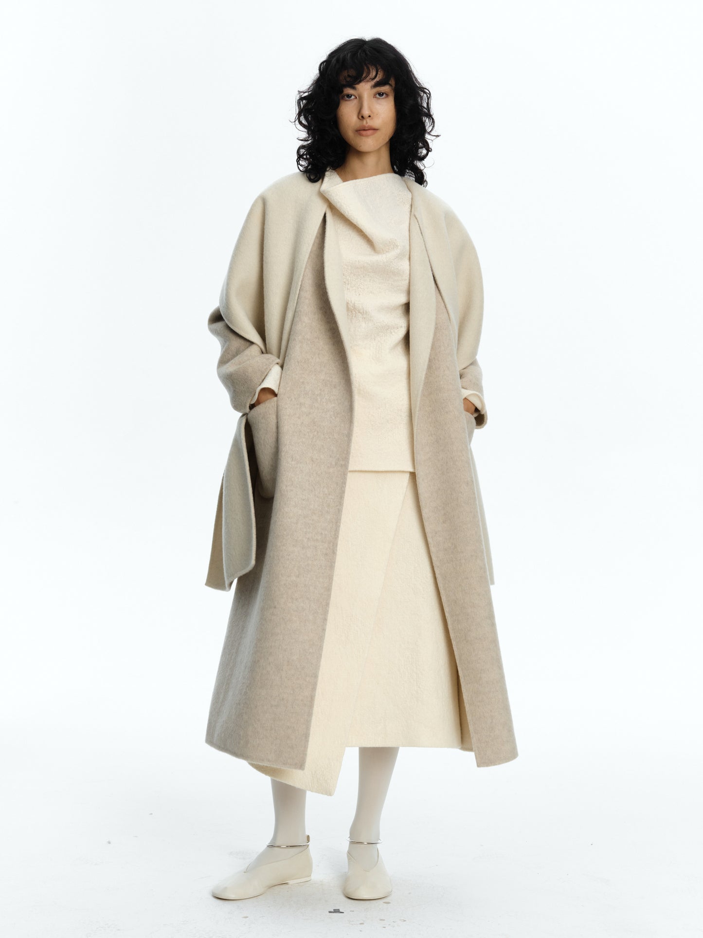SERRER ivory two-tone shawl reversible wool coat - MARCUS.
