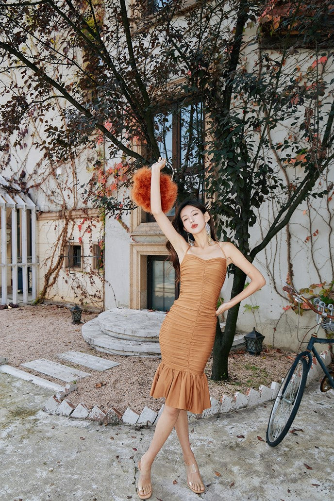 DOLLY Elegant Brown Sleeveless Halter Neck Pleated Fish Tail Midi Dinner Dress-PAULA