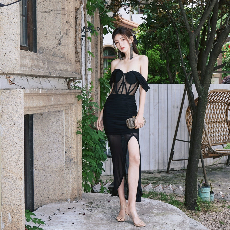 DOLLY Elegant Black Off Shoulder Short Sleeve Hollow Waist Mesh Long Dress-ALETTE