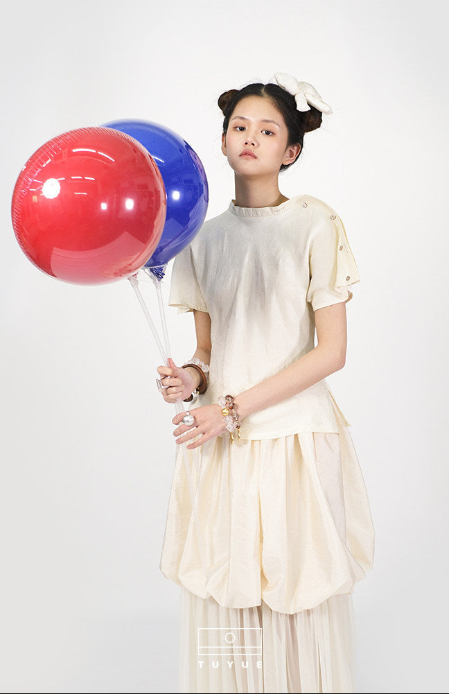 TUYUE Ivory Weaving Slim Short-Sleeved Top - BARBIE.