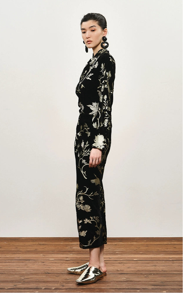 ZHUCHONGYUN Chinese Nail Bead Stamping Suede Dress--THORFINN.