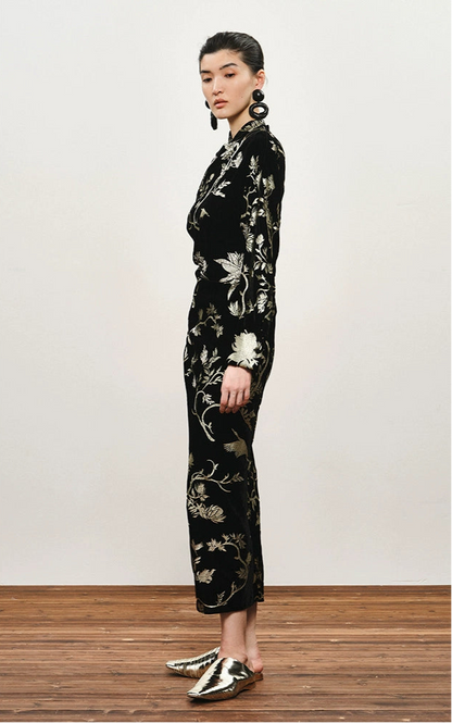 ZHUCHONGYUN Chinese Nail Bead Stamping Suede Dress--THORFINN.