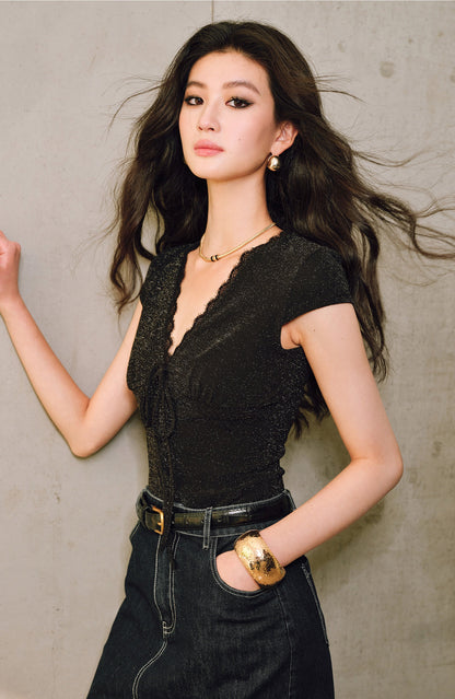 WANGXO | Sparkling Silk High-Density Knit Hand-Shaped Lace Detail V-Neck Slim Fit Top -NOYA
