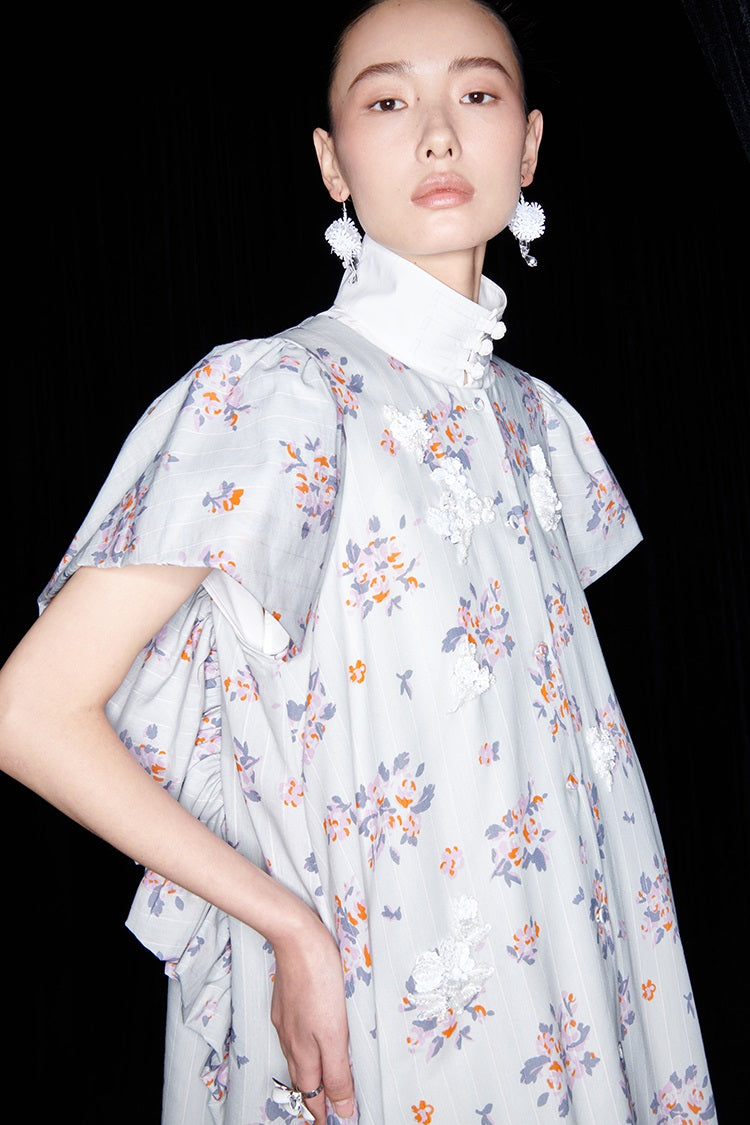 M essential Mackay designer Jinghe Printing floral nail bead puff sleeve dress - HAPPY.