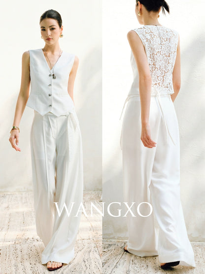 WANGXO |V-Neck Vest & Belted Straight Pants Intellectual Suit Set -NÉRA
