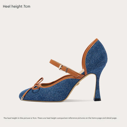 Lily Wei [Denim Style] French Blue Straight Bow Heels, Hollow Sandals- CAMILLE