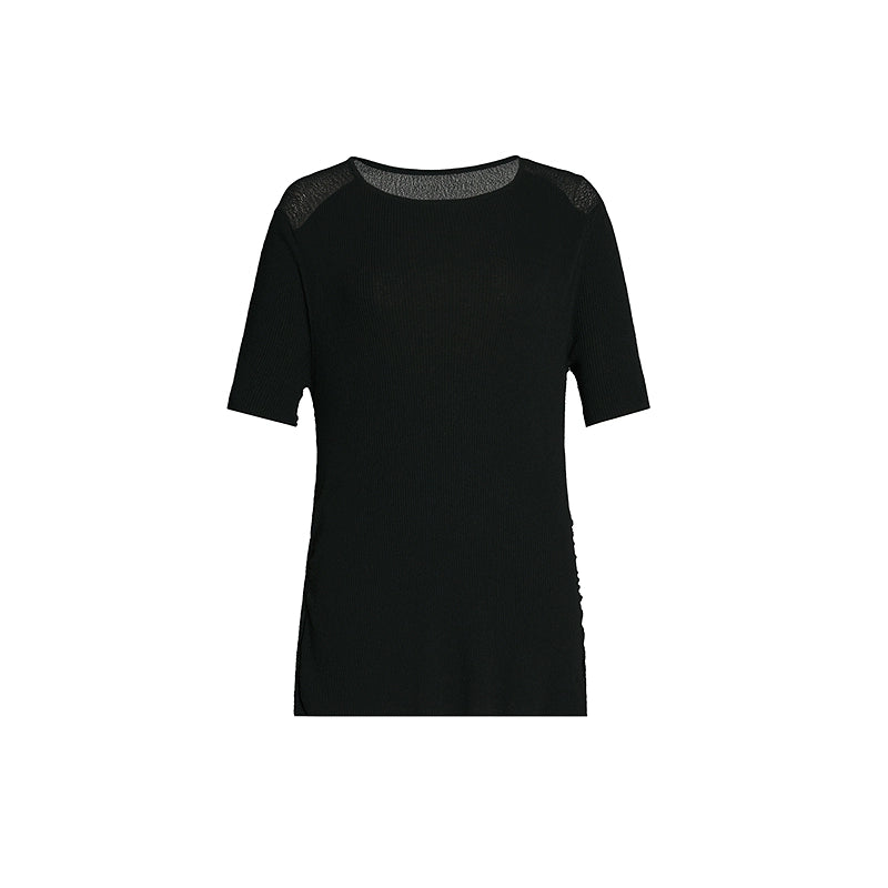 ZHUCHONGYUN black one-line collar irregular pleated waist knit top-TAMAKI.