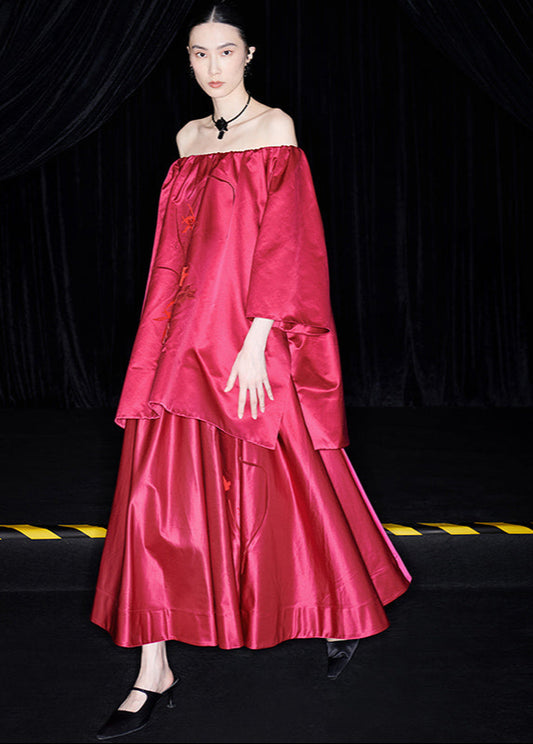 M essential Mackay designer red goldfish bead off shoulder top pleated skirt set- plum.