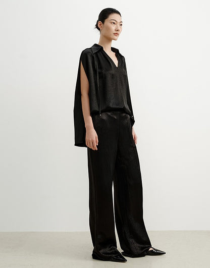 COMME MOI Summer Women's Black Satin Straight Pants - ADELINE.