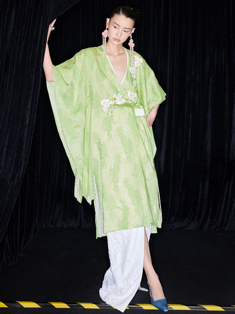 M essential Mackay designer green embroidered fabric magnolia beaded cardigan robe - RUTH.