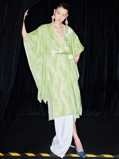 M essential Mackay designer green embroidered fabric magnolia beaded cardigan robe - RUTH.