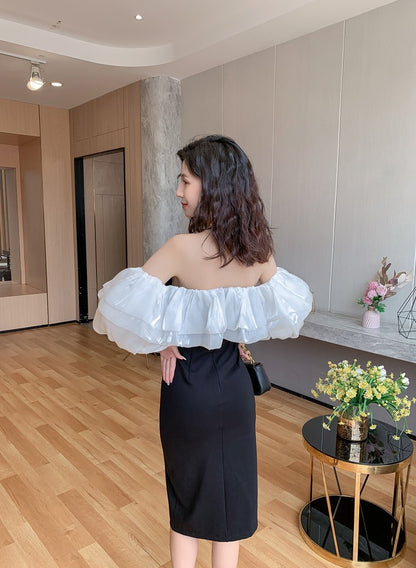 DOLLY Elegant Black and White Satin Off Shoulder Ruffled Tube Top Slim Fit Dress-MAG