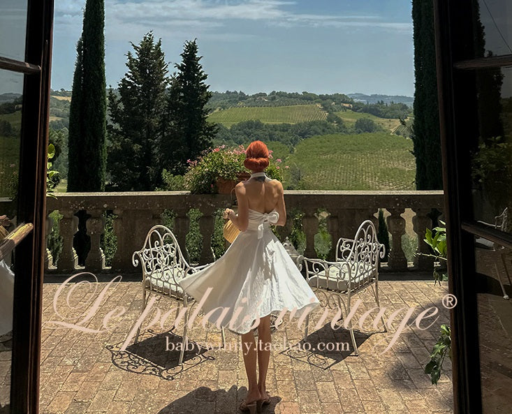 Le Palais Vintage Elegant Pure White Cotton and Linen Halter neck Vest High Waist Swing Skirt-MIA