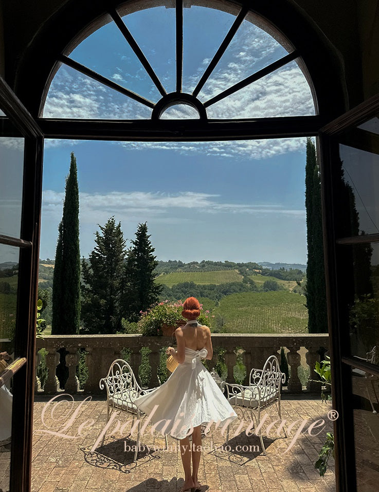 Le Palais Vintage Elegant Pure White Cotton and Linen Halter neck Vest High Waist Swing Skirt-MIA