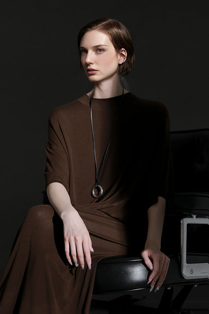 PIAOIN minimalist style nude tencel wool t-shirt skirt versatile dress -LYDIA