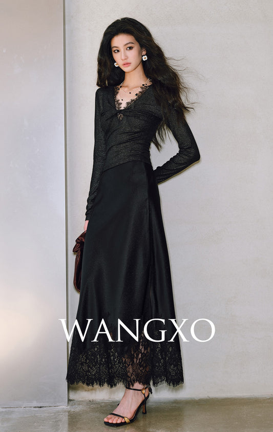 WANGXO |Silver Acetate Satin Embroidered Lace Slit Hip Maxi Skirt -LARA.