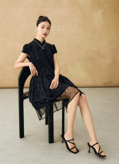 HECO Acetate Jacquard Midi Tiered Cap Sleeves Dress - HEART.