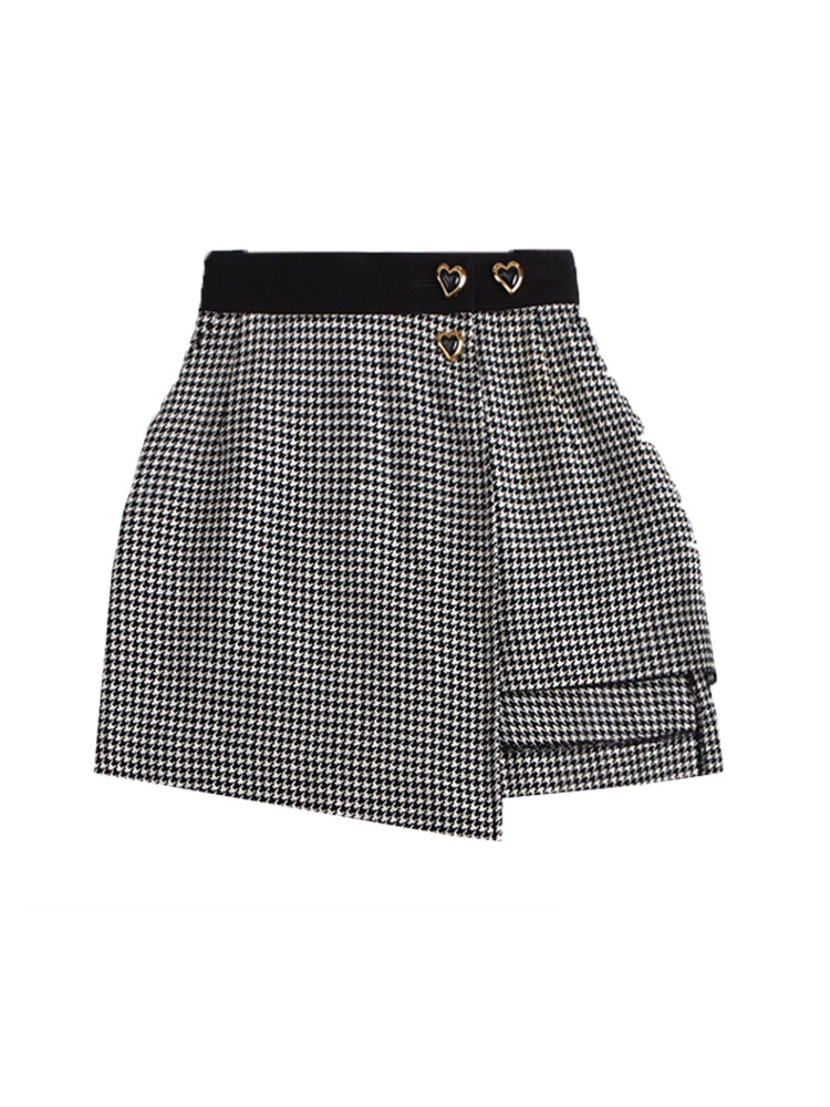 Le Palais Vintage Original  Irregular Long Woolen Houndstooth Skirt-Mma